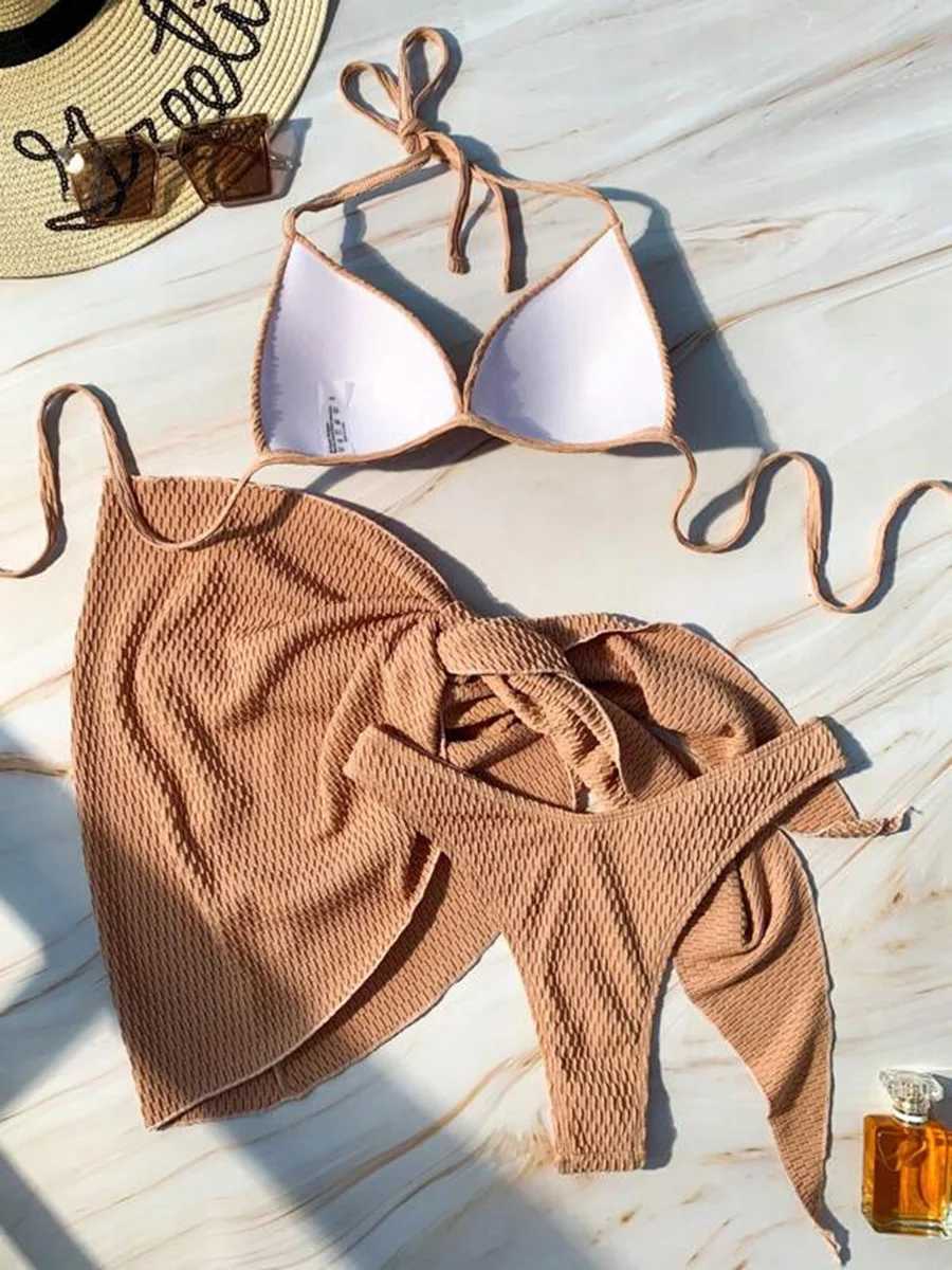 With Beach Sarong Bra Cup Wrinkled Bikini Fe Swimsuit Women Swimwear Three-pieces Bikini Set Push Up Bathing Suit Swim LadyXJ250120