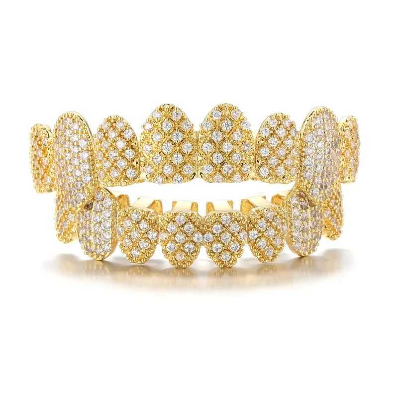 Hip Hop Full Iced Out CZ Stones Teeth Grillz Caps Cubic Zircon Micro Pave Top Bottom Charm Grills Set For Men Women Jewelry GiftXJ250114