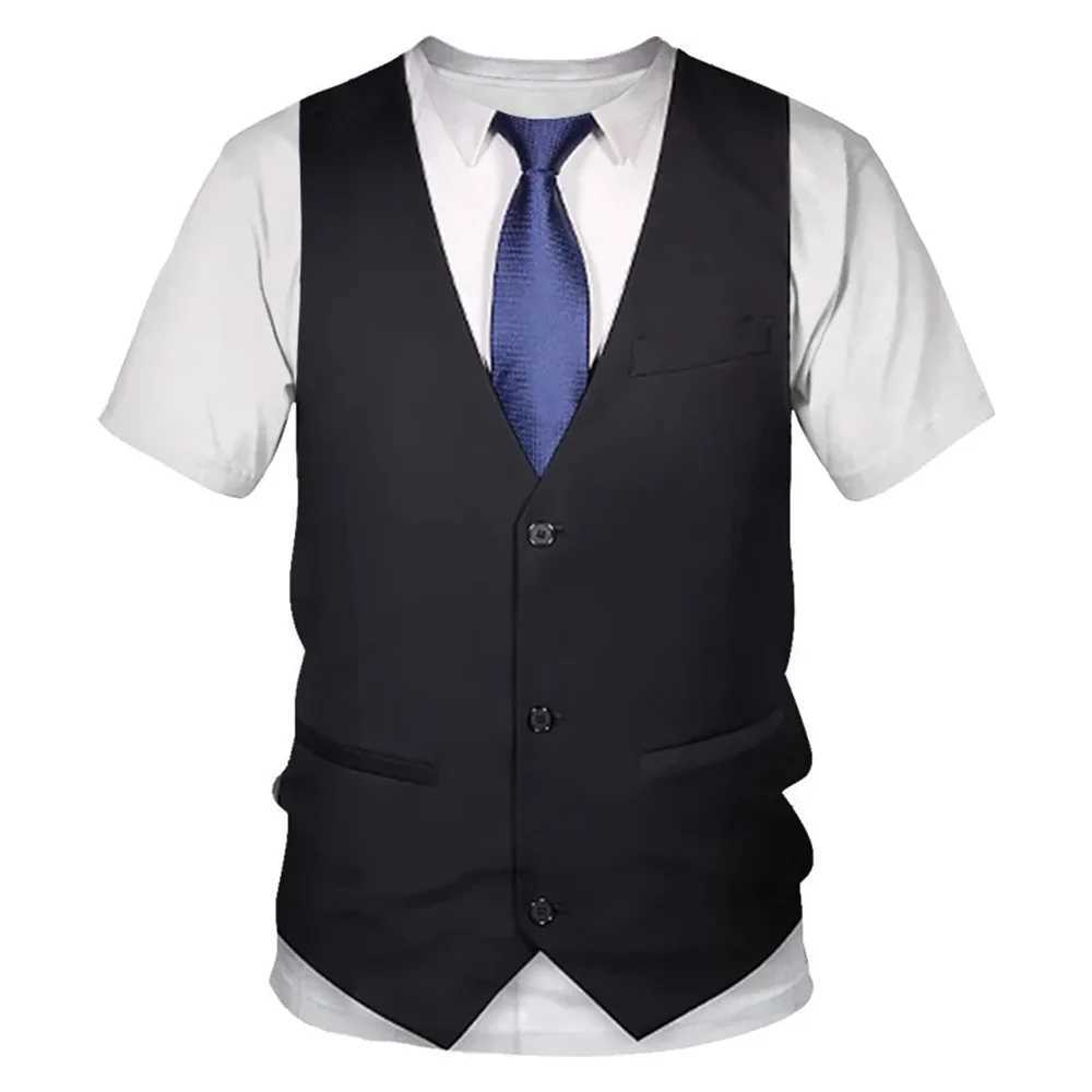 Summer fashion personality fake suit mens T-shirt Hip hop alternative funny streetwear 3D printed O collar short-sleeved T-shirXJ250117