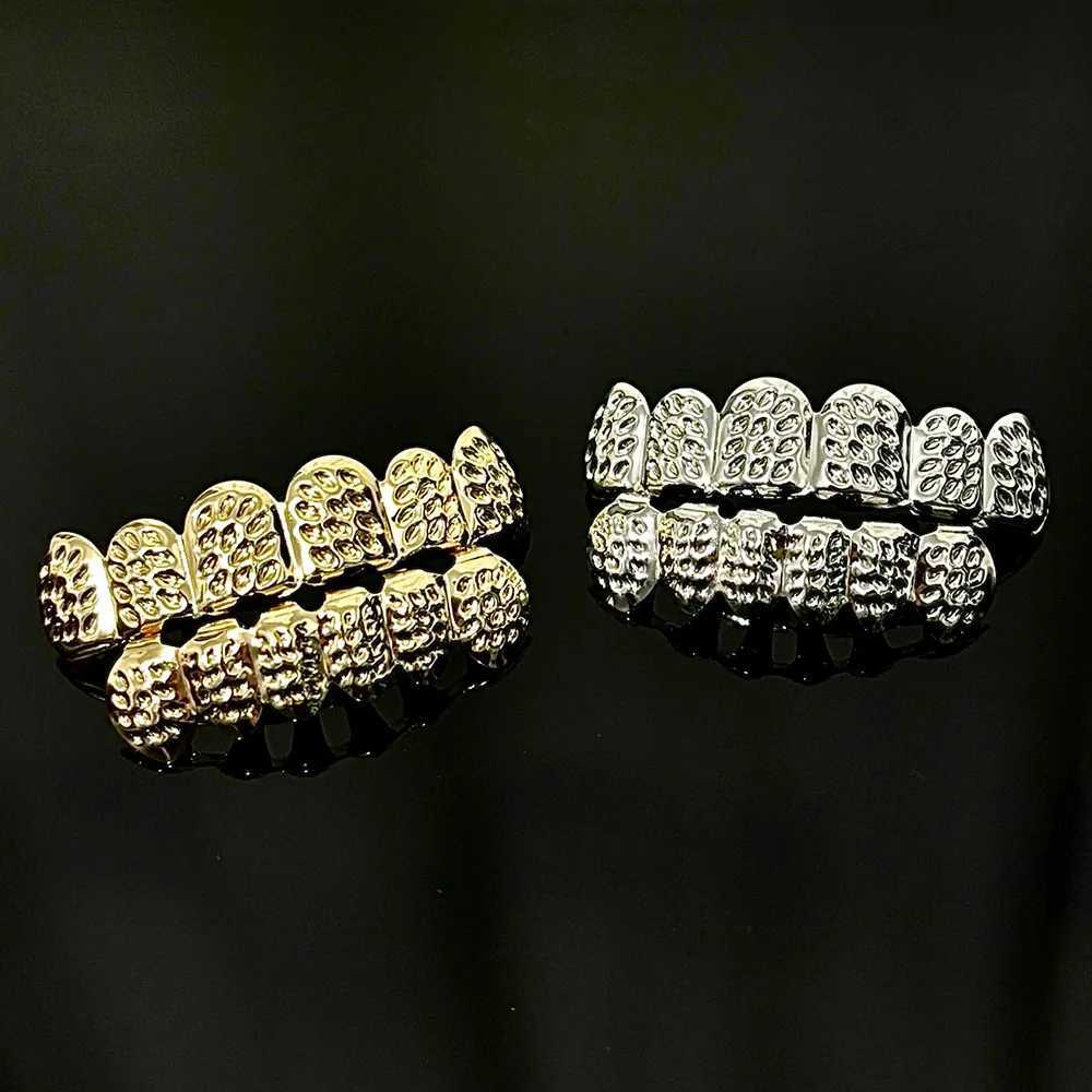 RACHELZ 6/6 Gold Silver Color Carving Patterns Teeth Grillz Braces Hip Hop Glossy Tooth Caps For Women Men Jewelry Dental GrillsXJ250114