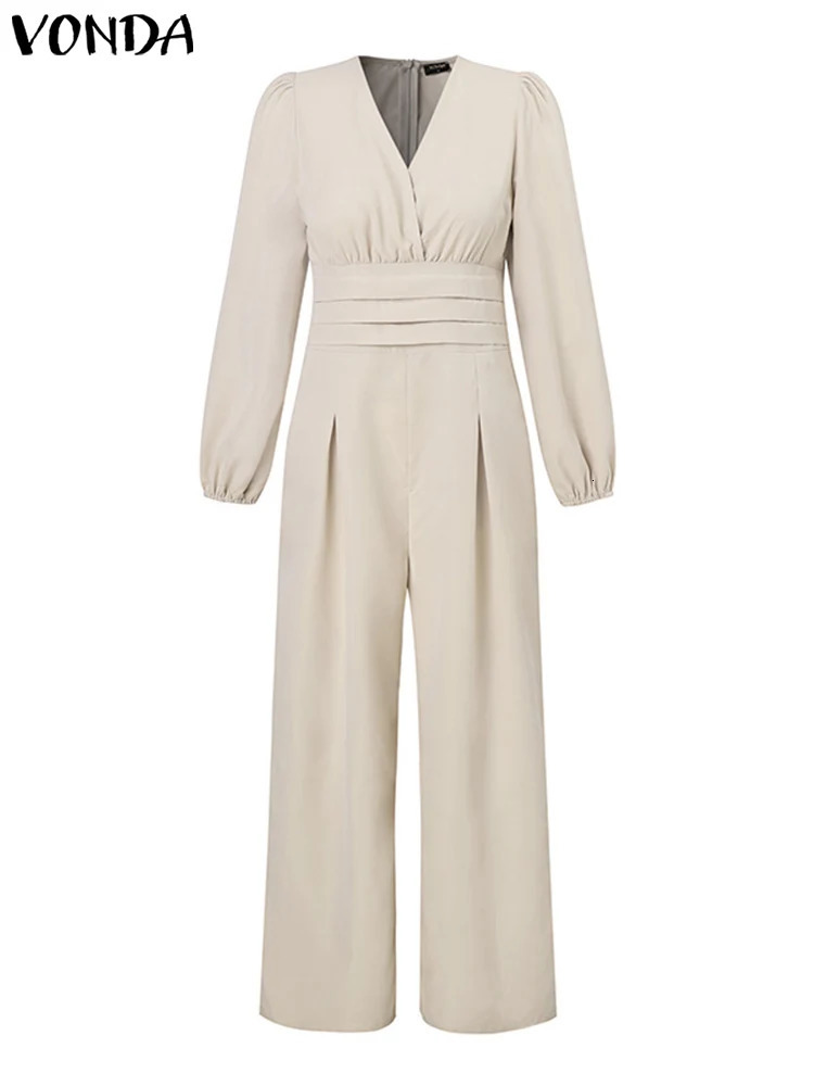 VONDA Women Autumn Romper Fashion Vintage Solid Color Long Sleeve V-neck Wide Leg Jumpsuits Lantern Sleeve High Waist Playsuits 250114