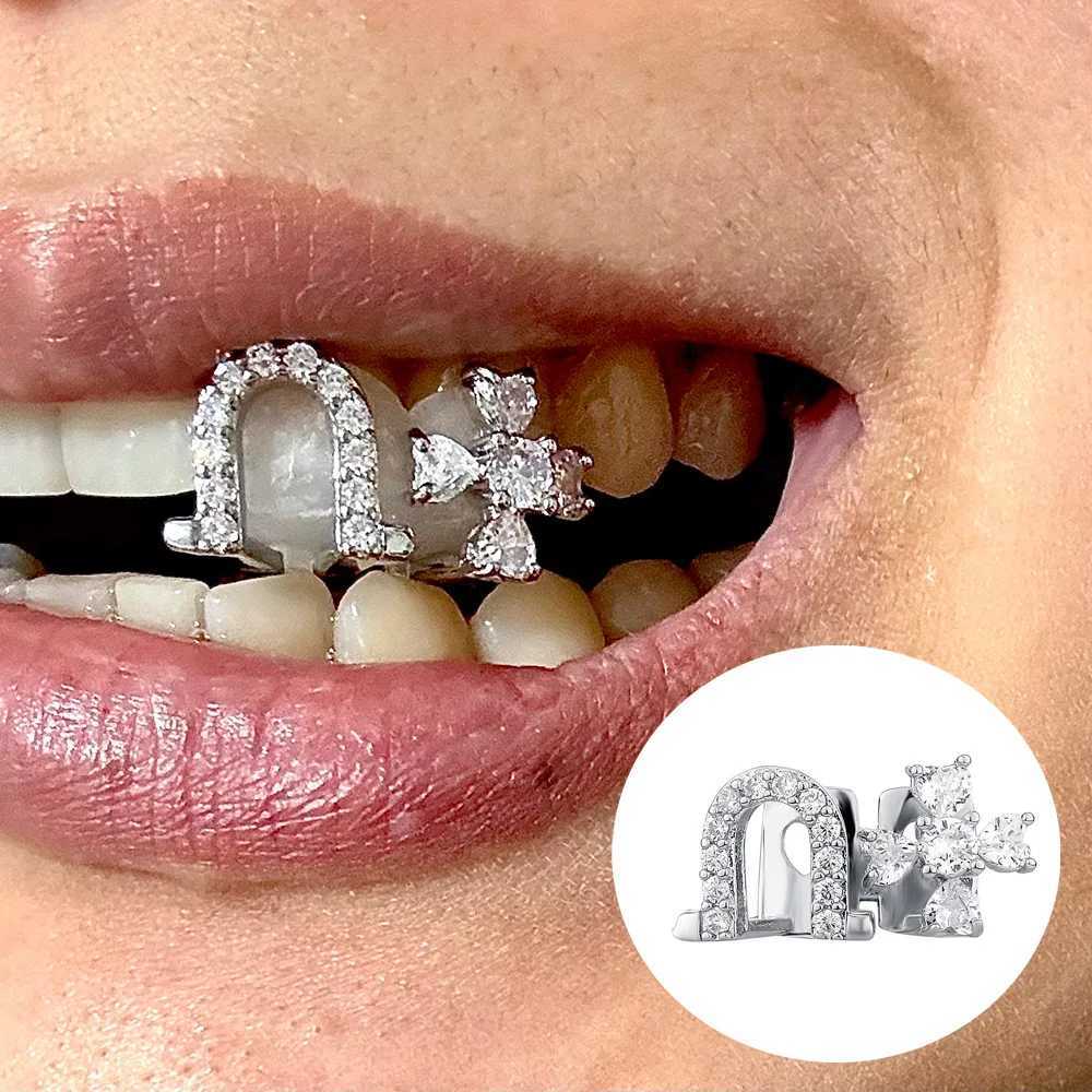 RACHELZ Elegant Double U Shape Flower Zircon Teeth Grills Braces Hollow Full CZ Stone Tooth Caps For Women Men Jewelry GiftXJ250114