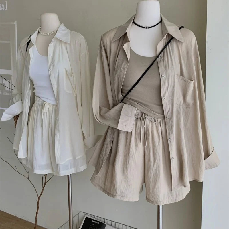 Lazy Korean Casual Polo Collar Sun Protection Shirt with Stacked Short Suspender Vest Shorts Three Piece Set for Woman 250122