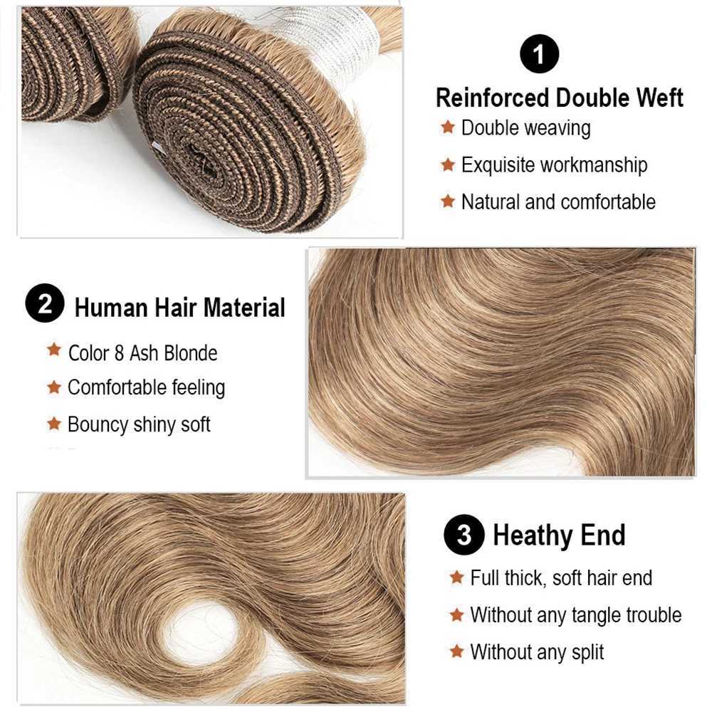 Body Wave Color 8 Ash Blonde 2/3/4 Bundles With 4x4 Clo Free Part Indian Remy Human Hair Weave Extension 95-100g/PC AlXJ250120
