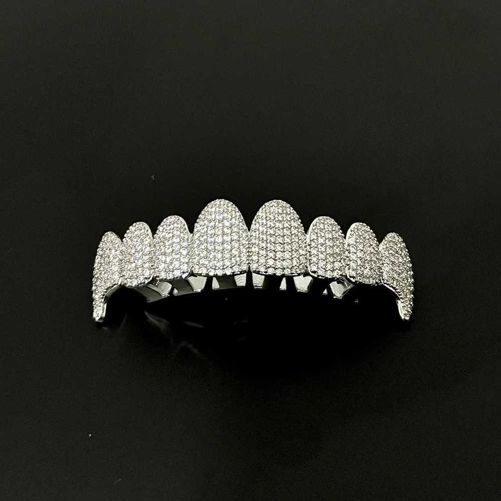 RACHELZ 8/7 Iced Out CZ Stone Teeth Grillz Braces Fangs Hip Hop Full Cubic Zircon Tooth Caps For Women Men Jewelry CosplayXJ250114