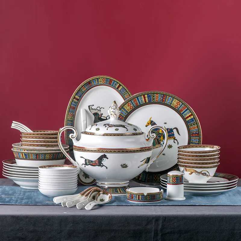 Ceramic Steak Plate Soup Dish Spoon Bowl Porcelain Luxury European Food Kitchen Tableware Set Wedding Gift Present 8/10 Inches X250129