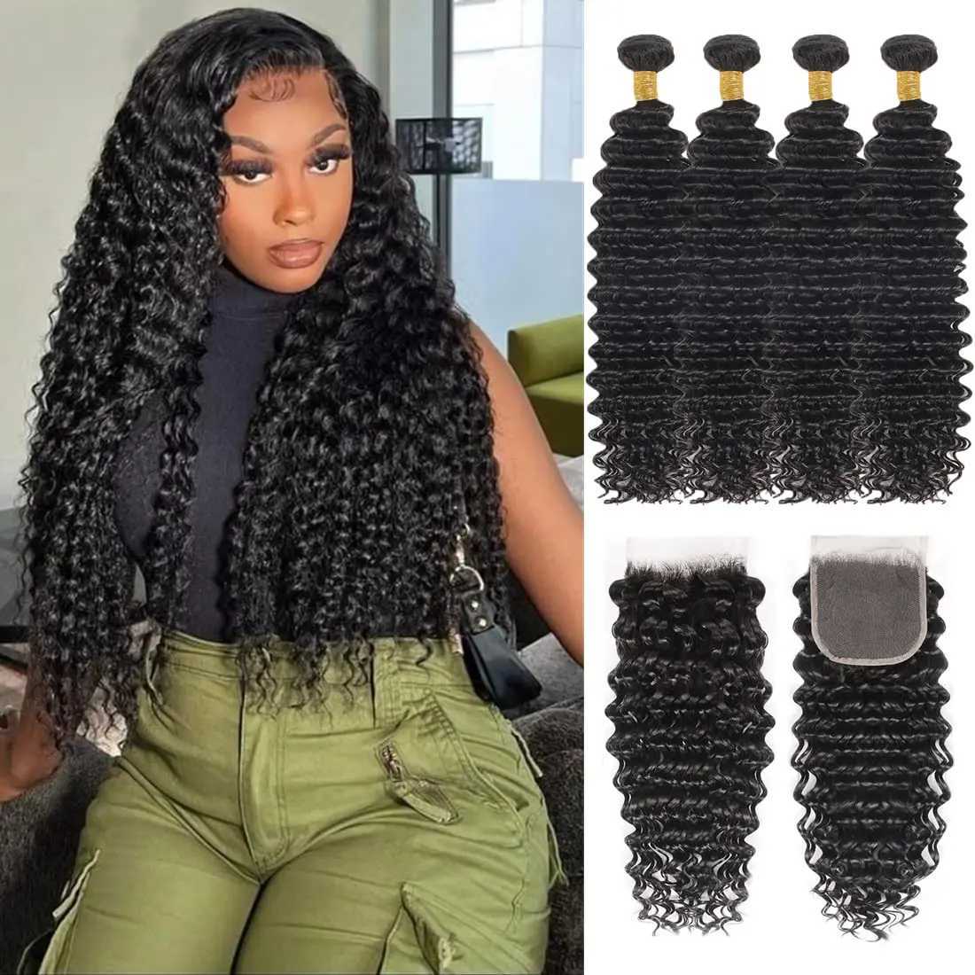 Deep Wave Bundles with Clo Human Hair 3 Bundles with 4x4 Lace Clo with Baby Hair Pre Plucked Free Part Natural Color #1BXJ250120