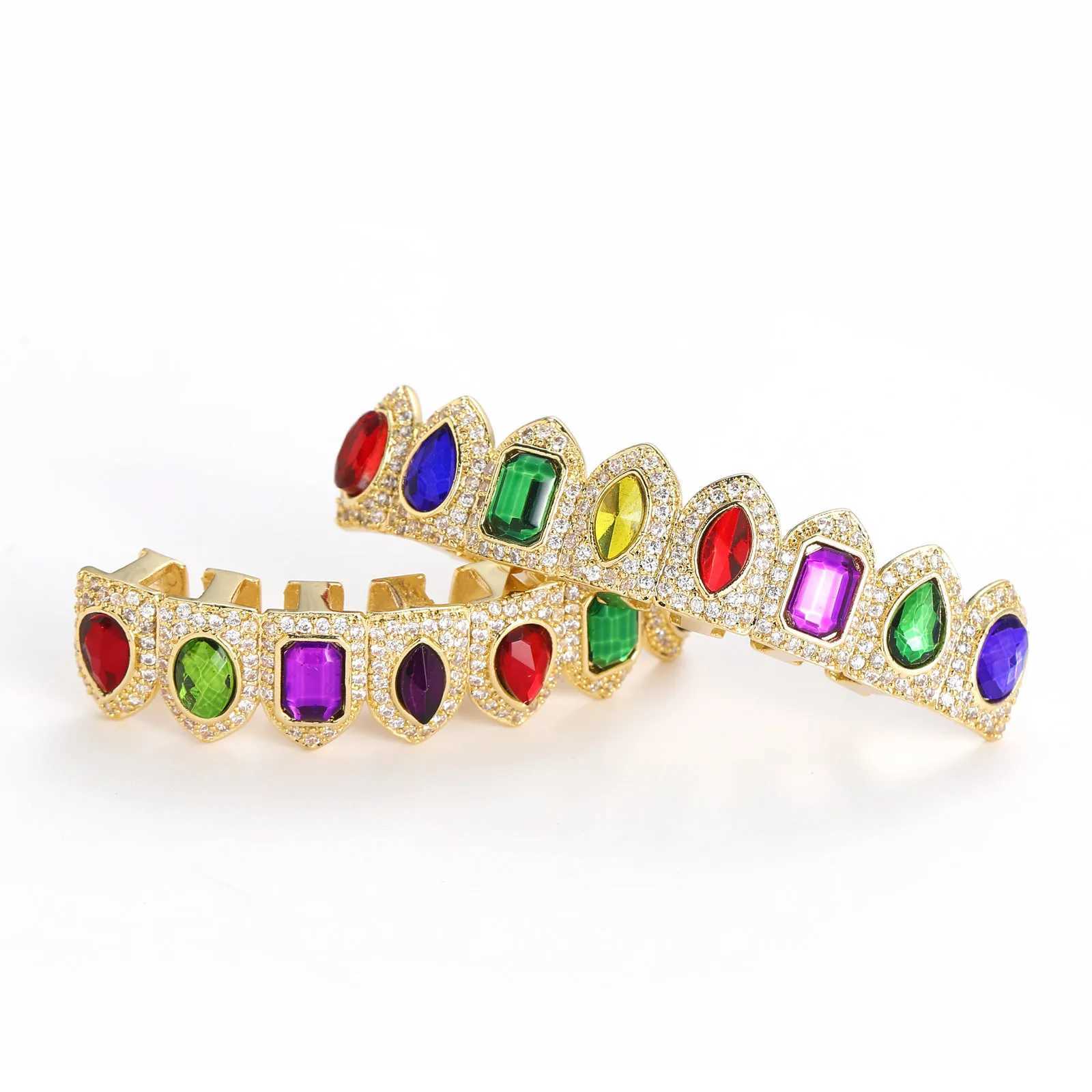 Full CZ Multi-color Stones Teeth Grillz Caps Cubic Zircon Iced Out Micro Pave Top Bottom Charm Grills Set For Men Women JewelryXJ250114