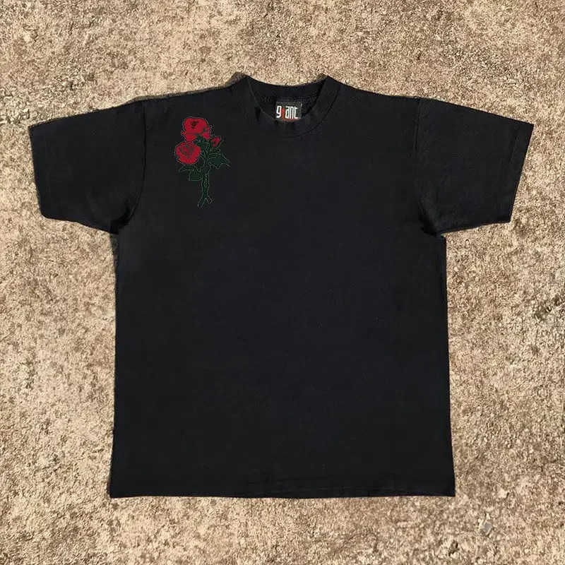 American Fashion Street Personality Rose Print Short Sleeved Men and Women Summer Loose Vintage Casual Tshirt Top Harajuku Y2k 250122