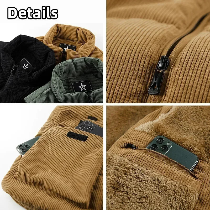 6XL Mens Winter Plussize Corduroy Cargo Sleeveless Jacket Thick Warm Fleece Lining Multipocket Outdoor Hiking Safari Work Vest 250114Z