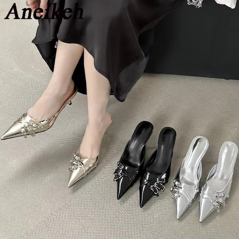 Aneikeh Fashion Pointed Toe Women Slippers Designer Shallow Thin Heels Banquet Dress Mule Ladies Shoes Atos De Mujer