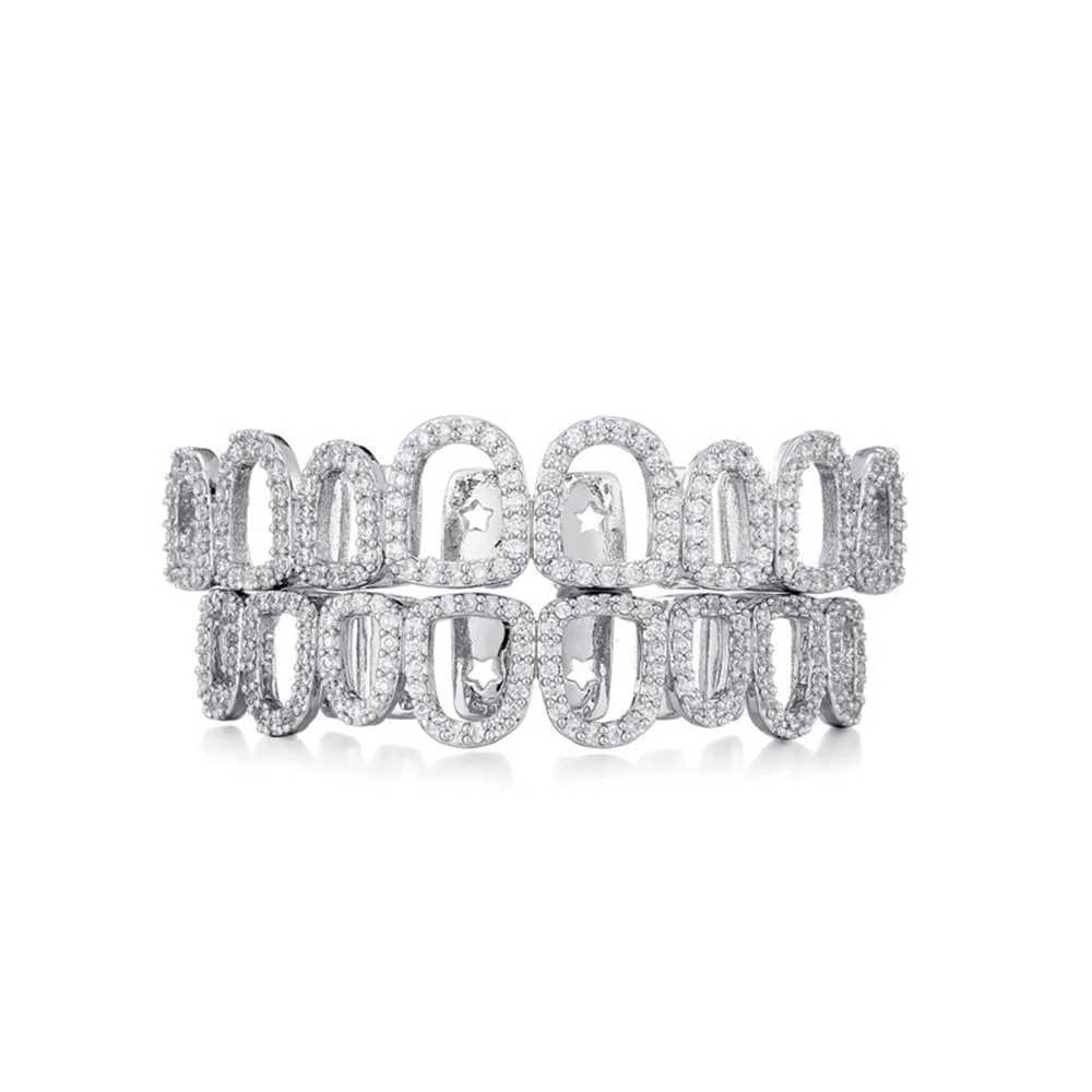 RACHELZ Hip Hop Full Iced Out CZ Stone Tooth Caps Braces For Women Men Hollow Teeth Grillz Jewelry Top Bottom Dental GrillsXJ250114