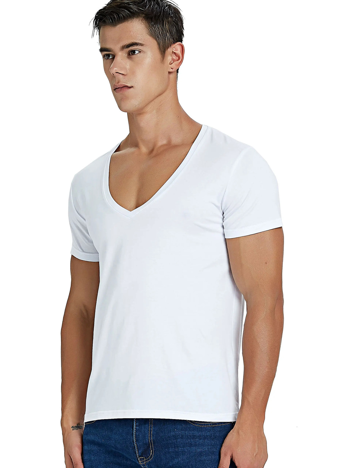Stretch Deep V Neck T Shirt for Men Low Cut Vneck Vee Top Tees Slim Fit Short Sleeve Fashion Male Tshirt Invisible Undershirt 250110