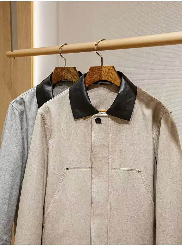 Linen blend canvas workwear style mens genuine leather lapel jacket 250120