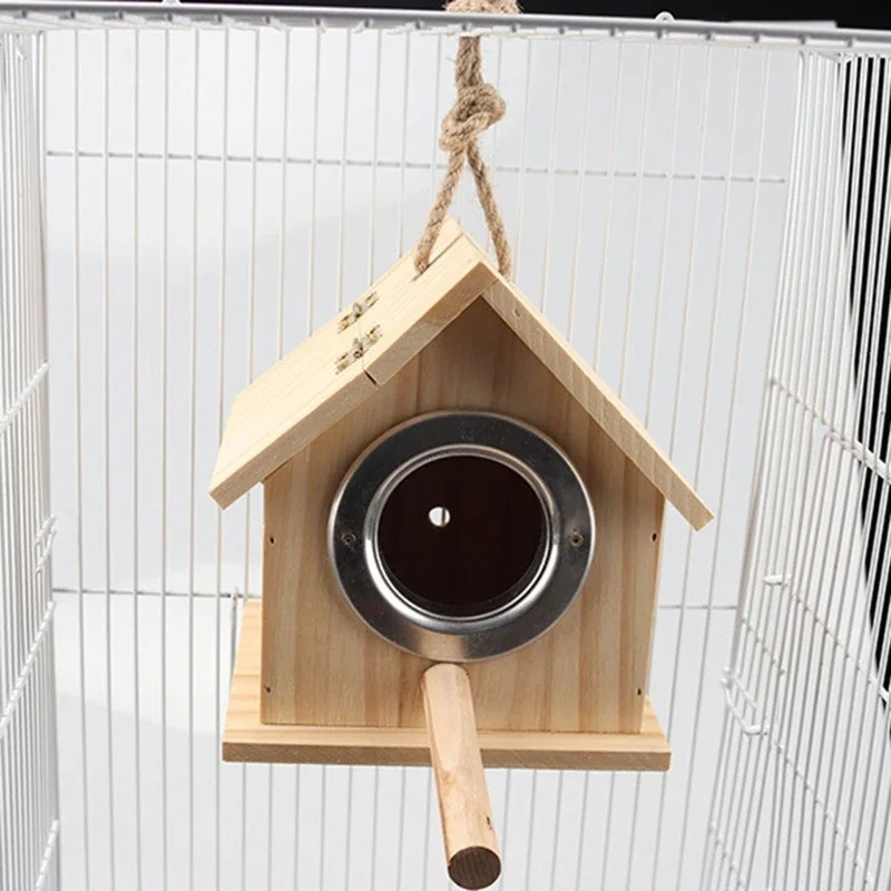 Wooden Bird House with Parakeet Perch Stands Pets Parrots Nesting House for Cage Outside Inside Hanging Nest 2 Sizes 250121