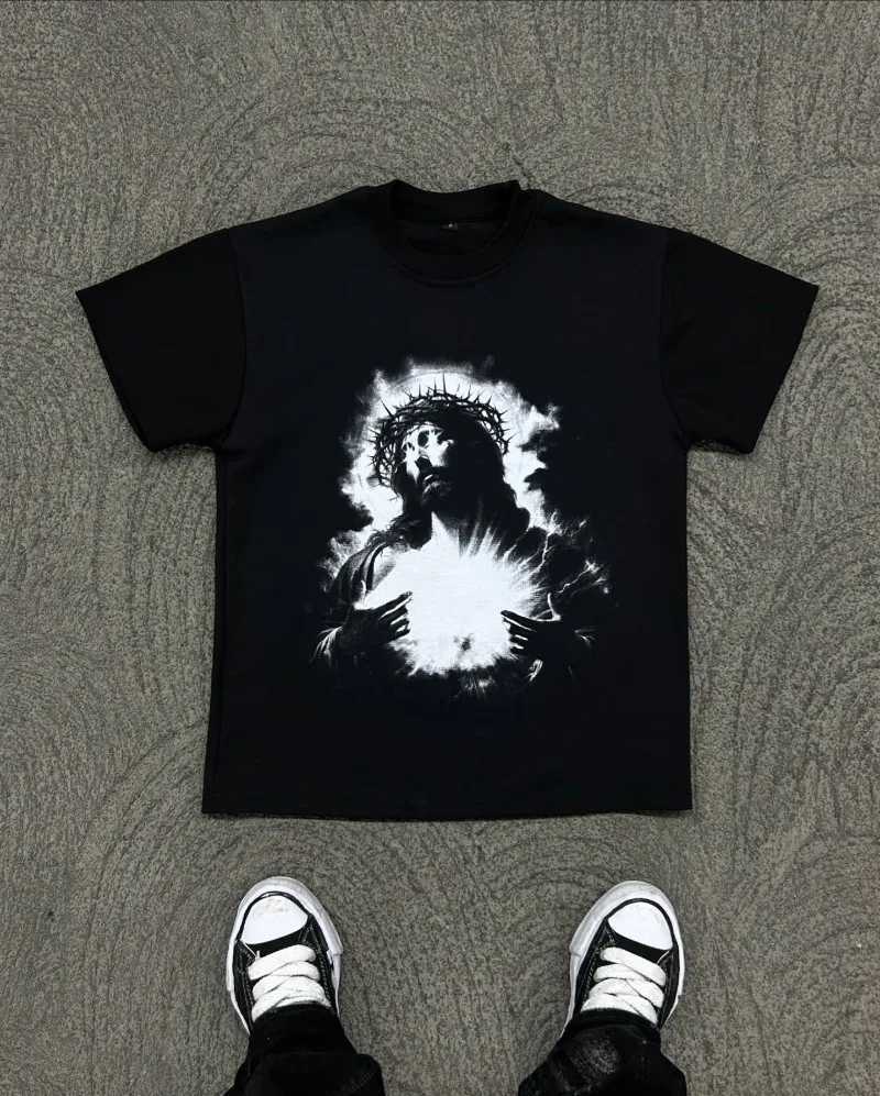 Europe and the United States fashion retro black shirt men y2k street top Harajuku high street couple casual oversized T-shirtXJ250117