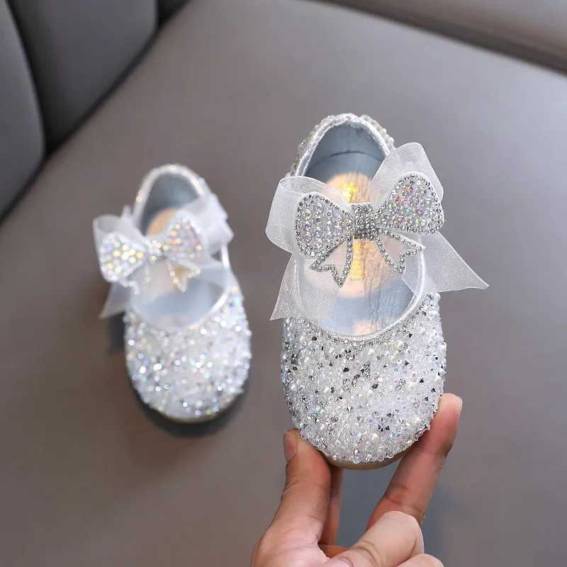 New Childrens Sequined Leather Shoes Girls Princess Rhinestone Bowknot Single Shoes 2024 Fashion Baby Kids Wedding Shoes X250129