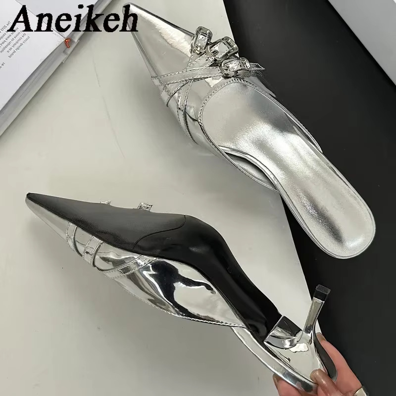 Aneikeh Fashion Pointed Toe Women Slippers Designer Shallow Thin Heels Banquet Dress Mule Ladies Shoes Atos De Mujer