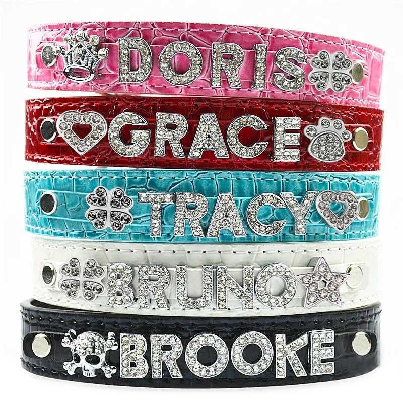 Luxurious Personzed DIY Pet Necklace Pu Crocodile Collar Cat Dog Collar Small And Medium Dog Collar Leather Rhinestone Bling X250129