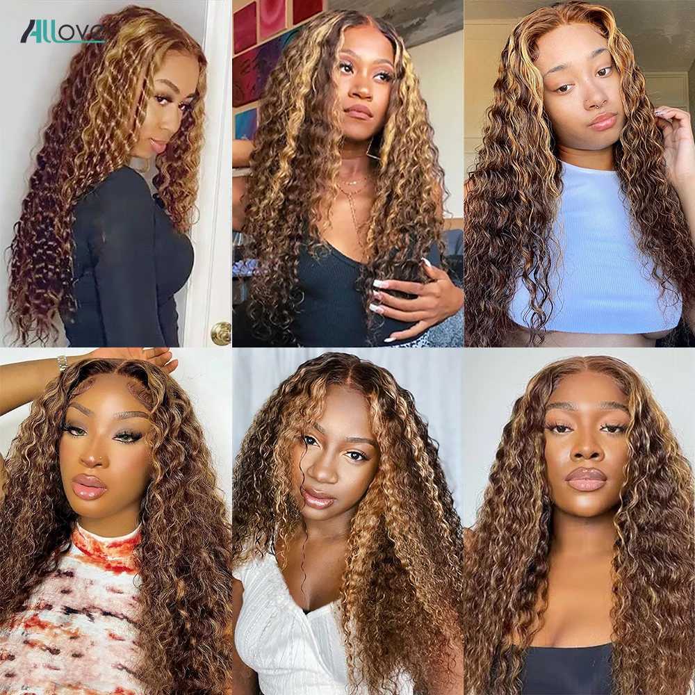 Allove Highlight Bundles With Clo Deep Wave Human Hair Bundles With 4x4 Transparent Lace Clo Ombre Honey Brown Remy HairXJ250120