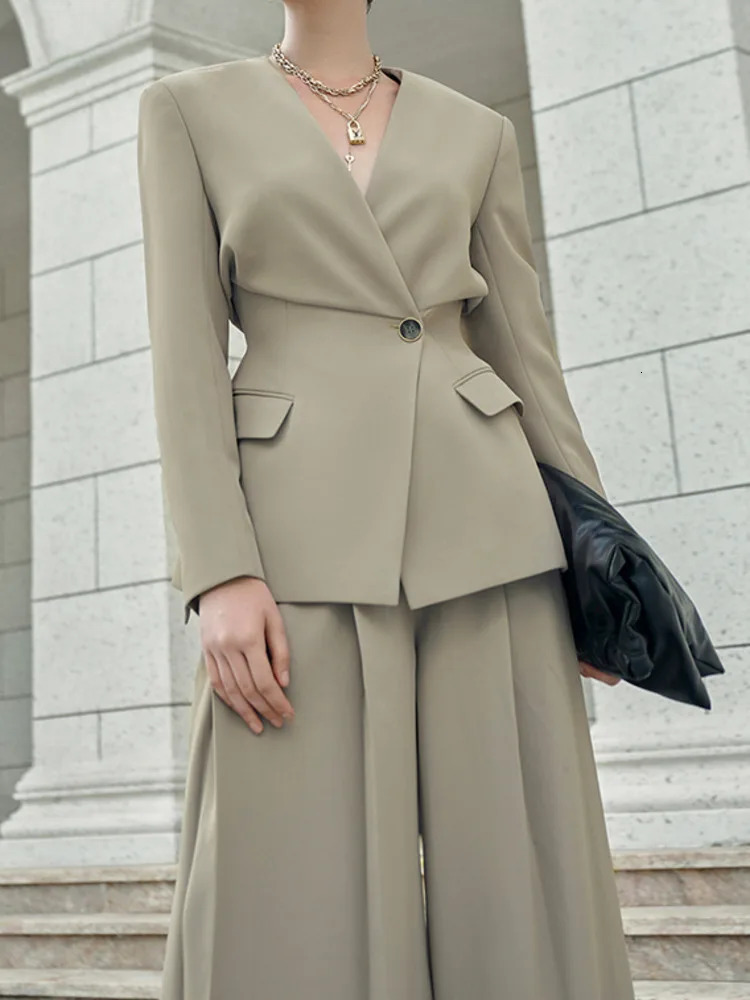 LANMREM Elegant Suits 2 Set For Women Gathered Waist Blazers High Pleasted Wide Leg Pants Fashion 2025 26D8939 250114