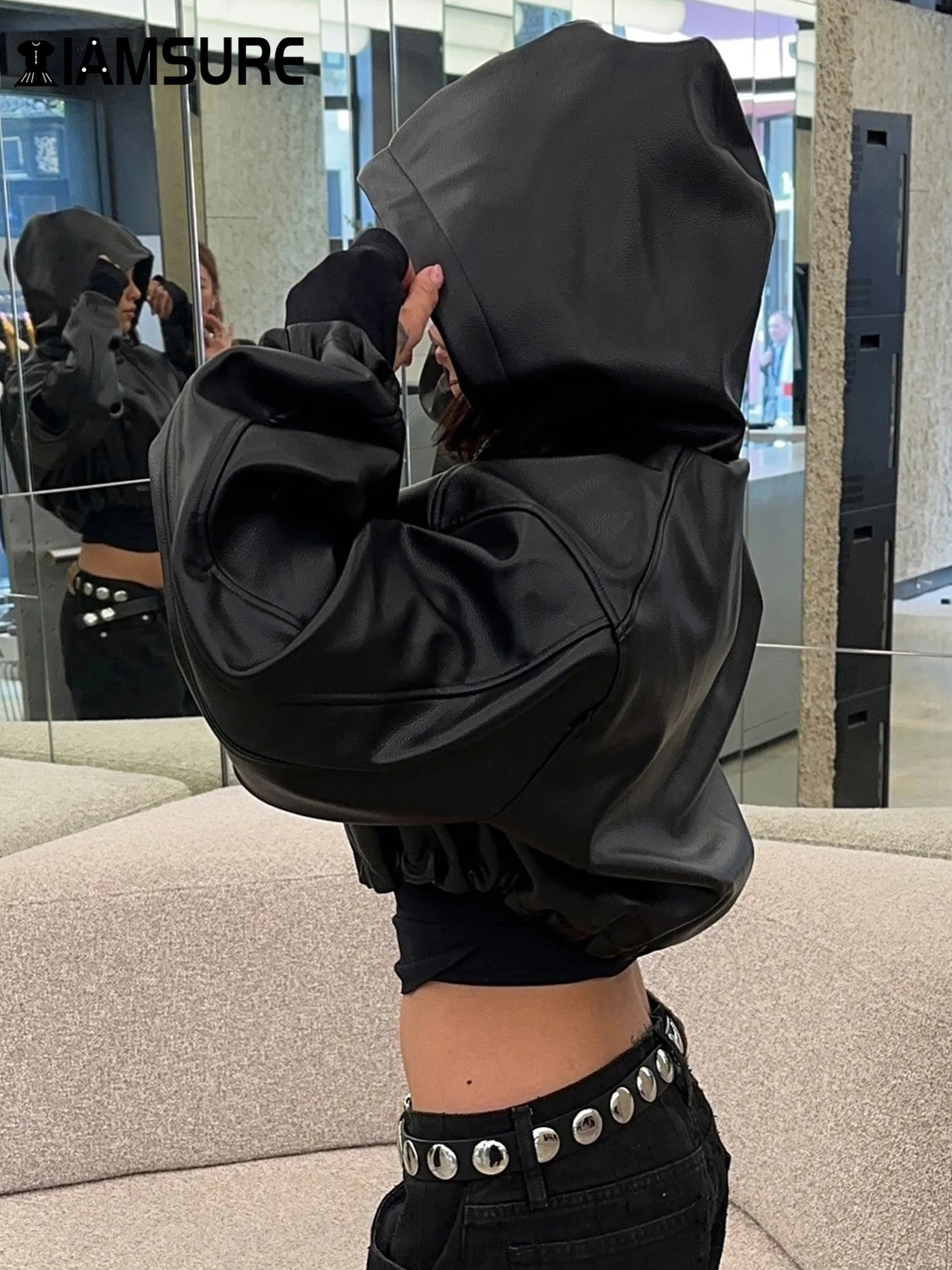 IAMSURE Locomotive Style Pu Leather Cropped Jackets Casual Solid Hooded Long Sleeve Coats Women Winter Fashion Streetwear 250122