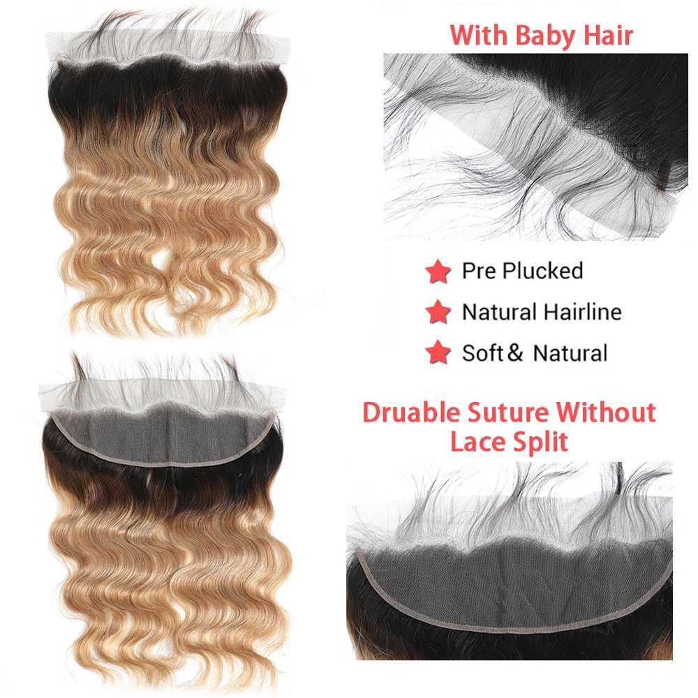 Ombre Body Wave Bundles With Frontal 1B/27 Blonde Colored Bundles With Clo Frontal Brazilian Human Hair Bundles With CloXJ250120