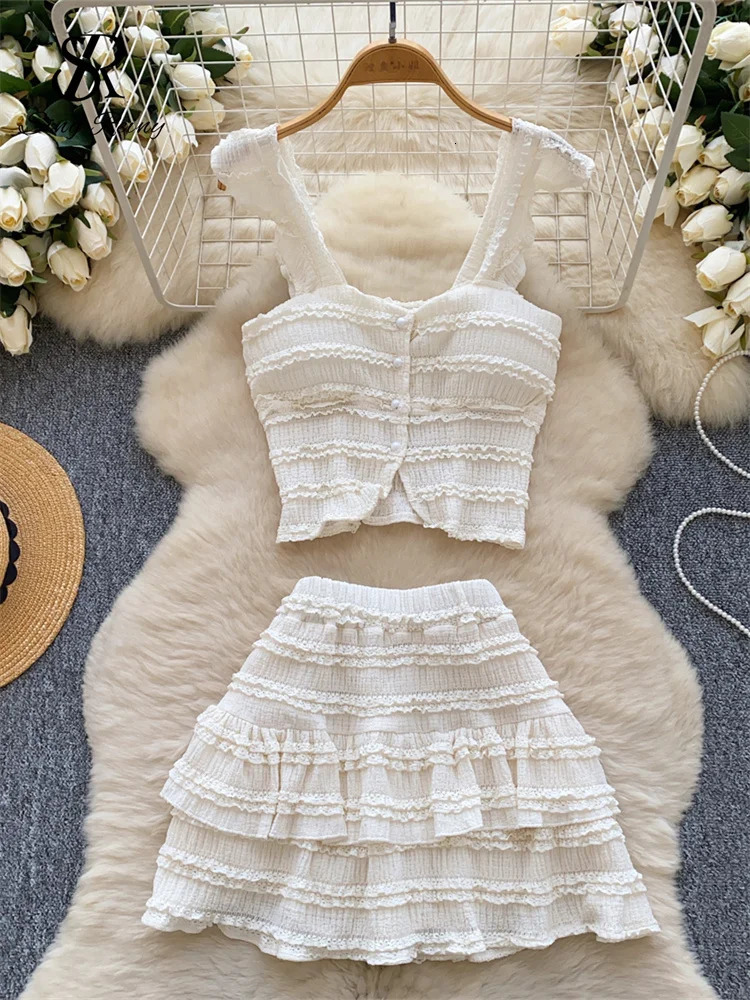 SINGREINY Beachwear sweet Women Suits Strapless Edible Tree Fungus Chic TopsElastic Waist MIni Skirt Vacation Casual Sets 250113