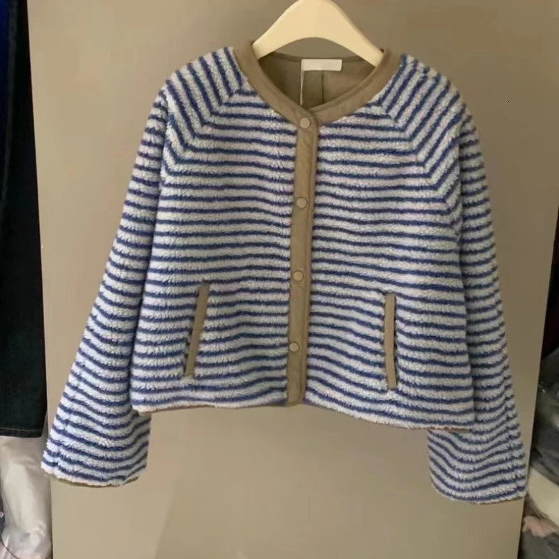 Korean Polar Fleece Jacket for Women Winter Striped Contrasting n Oneck Long Sleeve Warm Top Loose Casual Female Clothing 250113