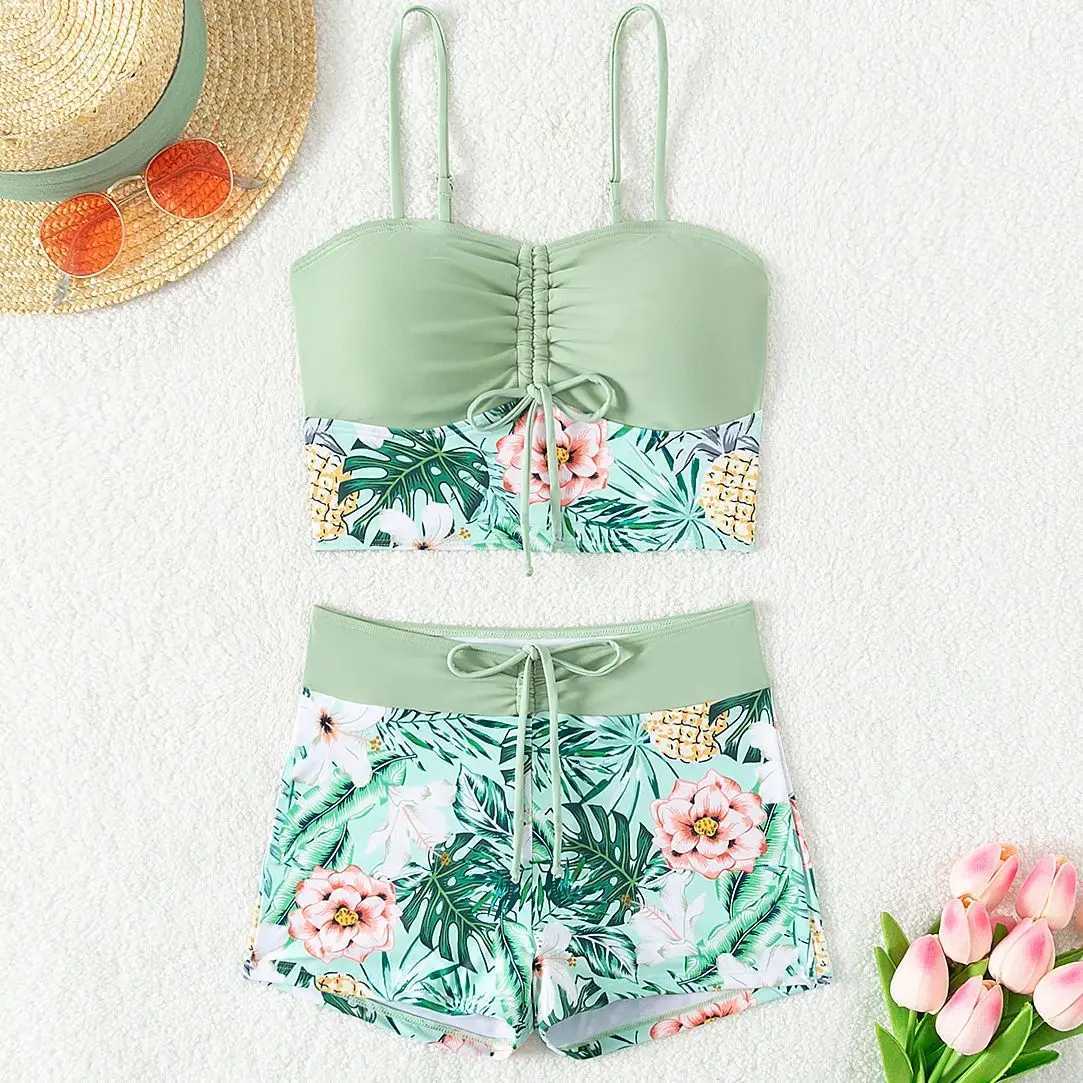 Printed Flower Tankini Set Girl Swimwear Adjustable Strap Vest Bra Fe Flower Shorts Bikini Drstring Women Beach SetXJ250120