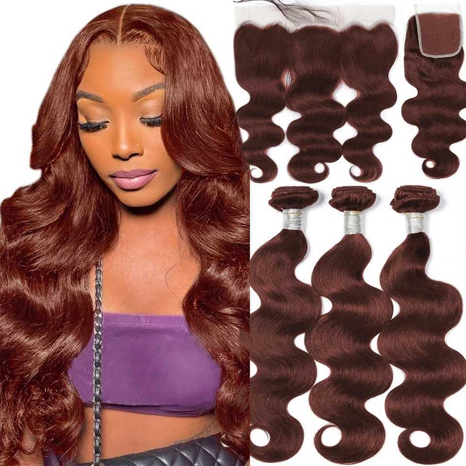 #33 Reddish Brown Colored Body Wave Bundles With Clo Peruvian Remy Hair Weave 3/4 Bundles With 4x4 13x4 Clo and FrontalXJ250120