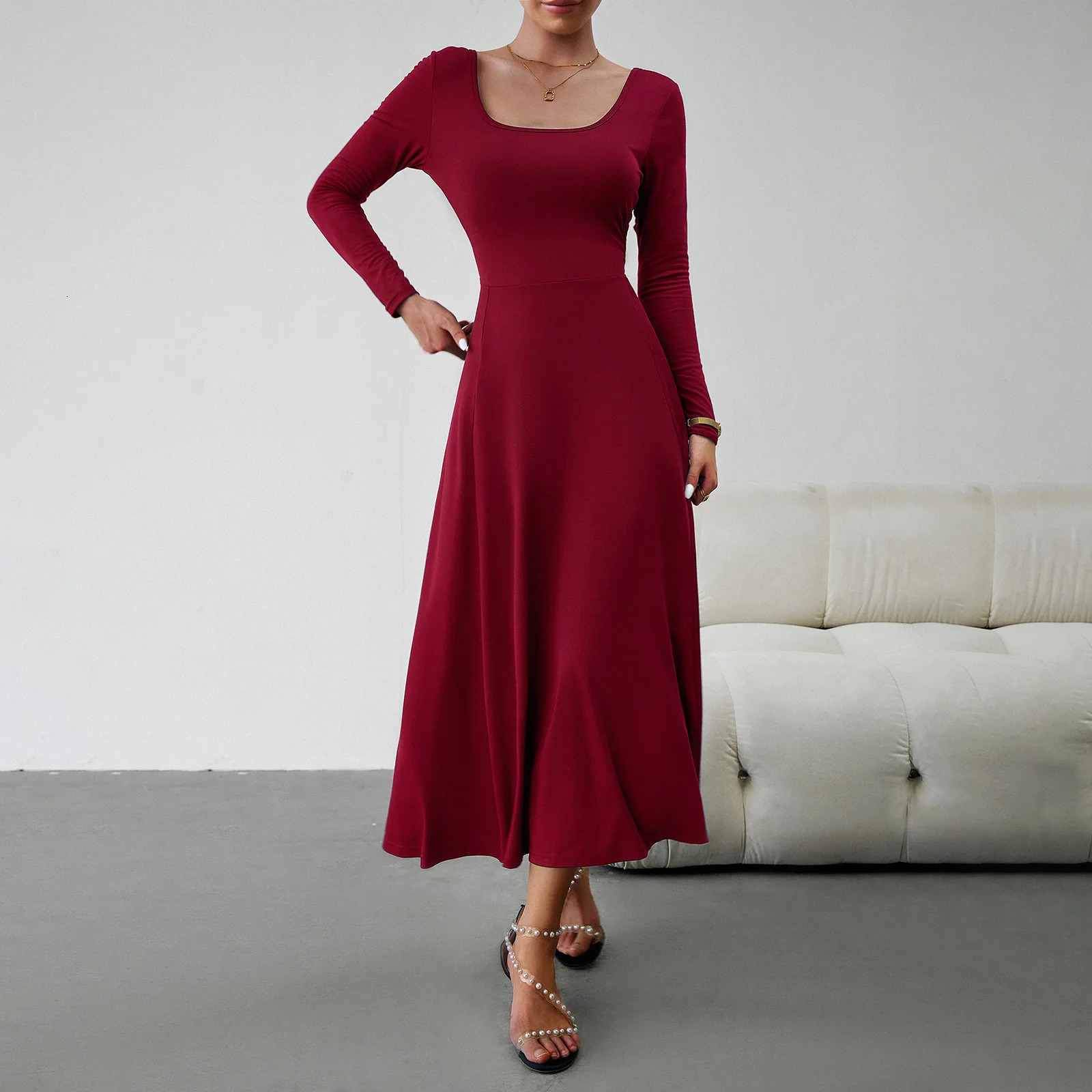 2025 Spring Autumn Womens Long Sleeve Dress Solid Color O-neck Womens Long Dress Small-waisted Womens Slim-fit Dresses 250121