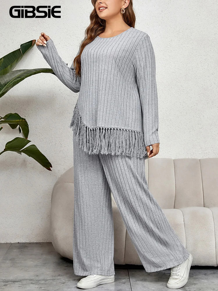 GIBSIE Plus Size Women Home Style Two Piece Outfit Fall Casual ONeck Long Sleeve Tassel Hem Tops with Wide Leg Pants Sets 250122