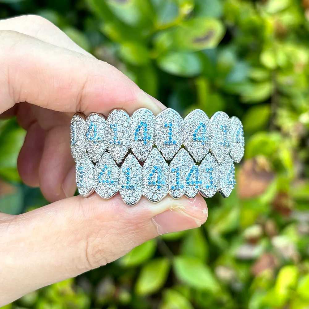 RACHELZ Hip Hop 8/8 Blue Number Zircon Teeth Grillz Top Bottom Fangs Full CZ Stone Tooth Caps For Women Men Body JewelryXJ250114
