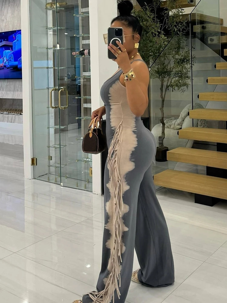 Womens High Street Strapless Jumpsuit with Tassel Summer Ladies Stretchy Jumpsuit Sleeveless Tank Collar Sexy Long Jumpsuits 250109