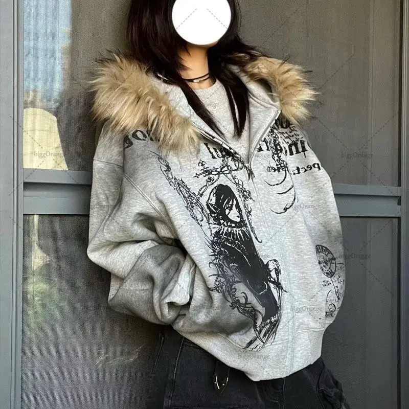 High Street Trendy Y2K Streetwear Jacket Gothic Punk Printed Fur Collar Zipper Hoodie Women Casual Loose Sweatshirt 250122