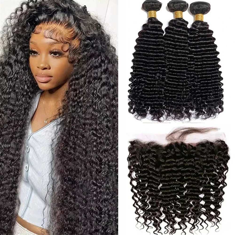 Deep Water Wave Bundles With Clo Frontal 100% Unprocessed Raw Human Hair Full And Thick 3 Bundles With 13x4 HD Lace FrontalXJ250120