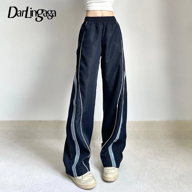 Darlingaga Casual Stripe Spliced Techwear Sweatpants Sporty Chic Basic Trousers Baggy Stitched Elastic Waist Joggers Pants 250122