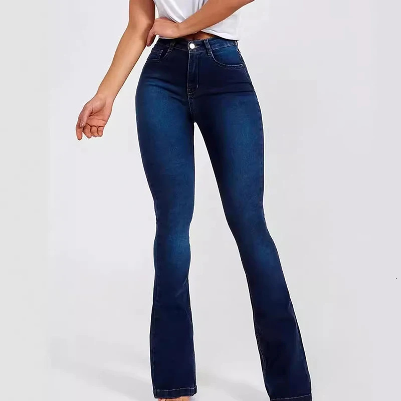 Spring highwaisted slimfit stretch bellbottomed jeans for women 250108