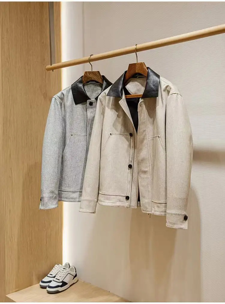 Linen blend canvas workwear style mens genuine leather lapel jacket 250120