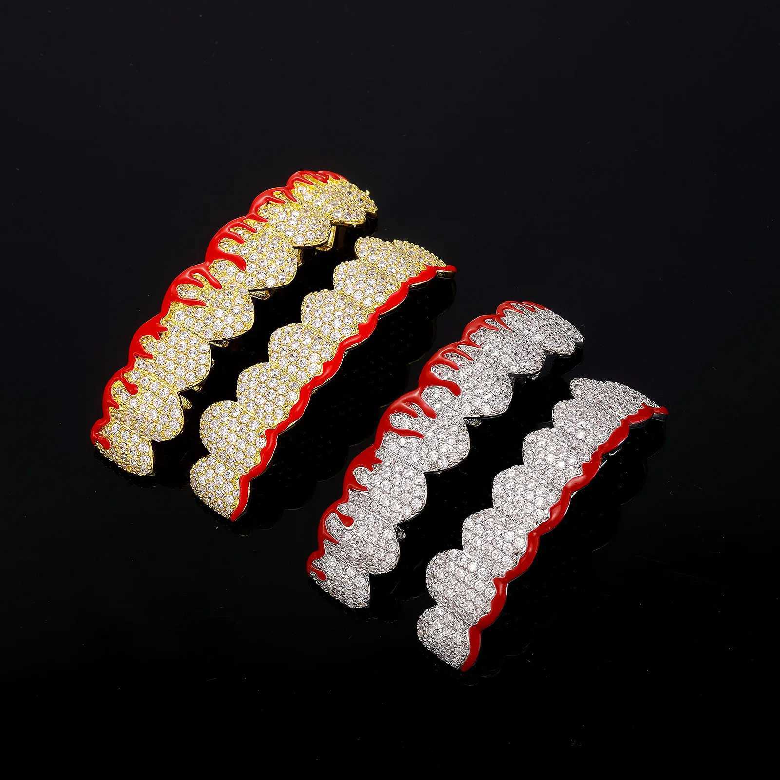 RACHELZ Fashion 8/8 Red Flame Shiny Zircon Teeth Grillz Hip Hop Full CZ Stone Tooth Caps For Women Men Body Jewelry GiftXJ250114