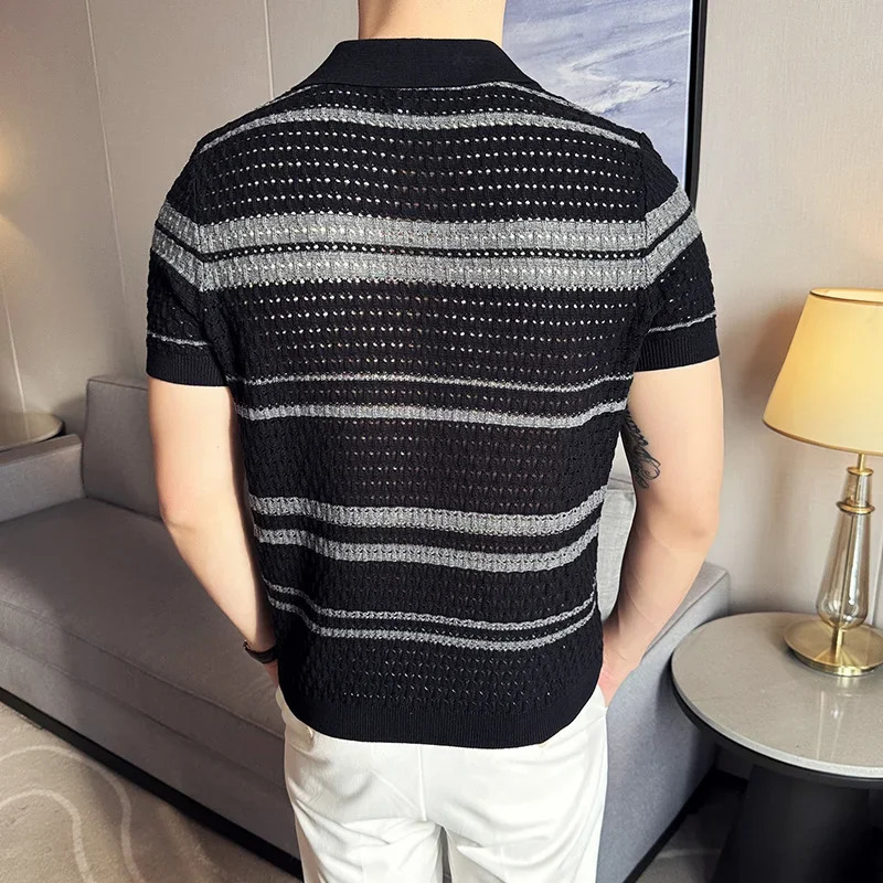 Mens Knitted Polo Shirt Summer Fine Stripe Jacquard Patch Work Color Short Sleeve Casual V-neck T-shirt Mens Clothing 250118