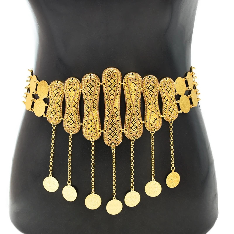 Rhinestones Women Body Chains Bohemian Ethnic Gypsy Coins Tassels Waist Chains Glossy Metal Bilayer Carved Belly Dance Chains 250117