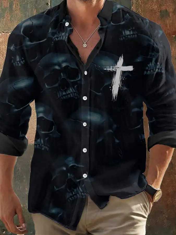 High Quality Halloween Mens Retro Dark Skull Prints Long Sleeve Shirt-Faith Chest PrintRegular FitLapel Collar Polyester Blend Black Tops T250121
