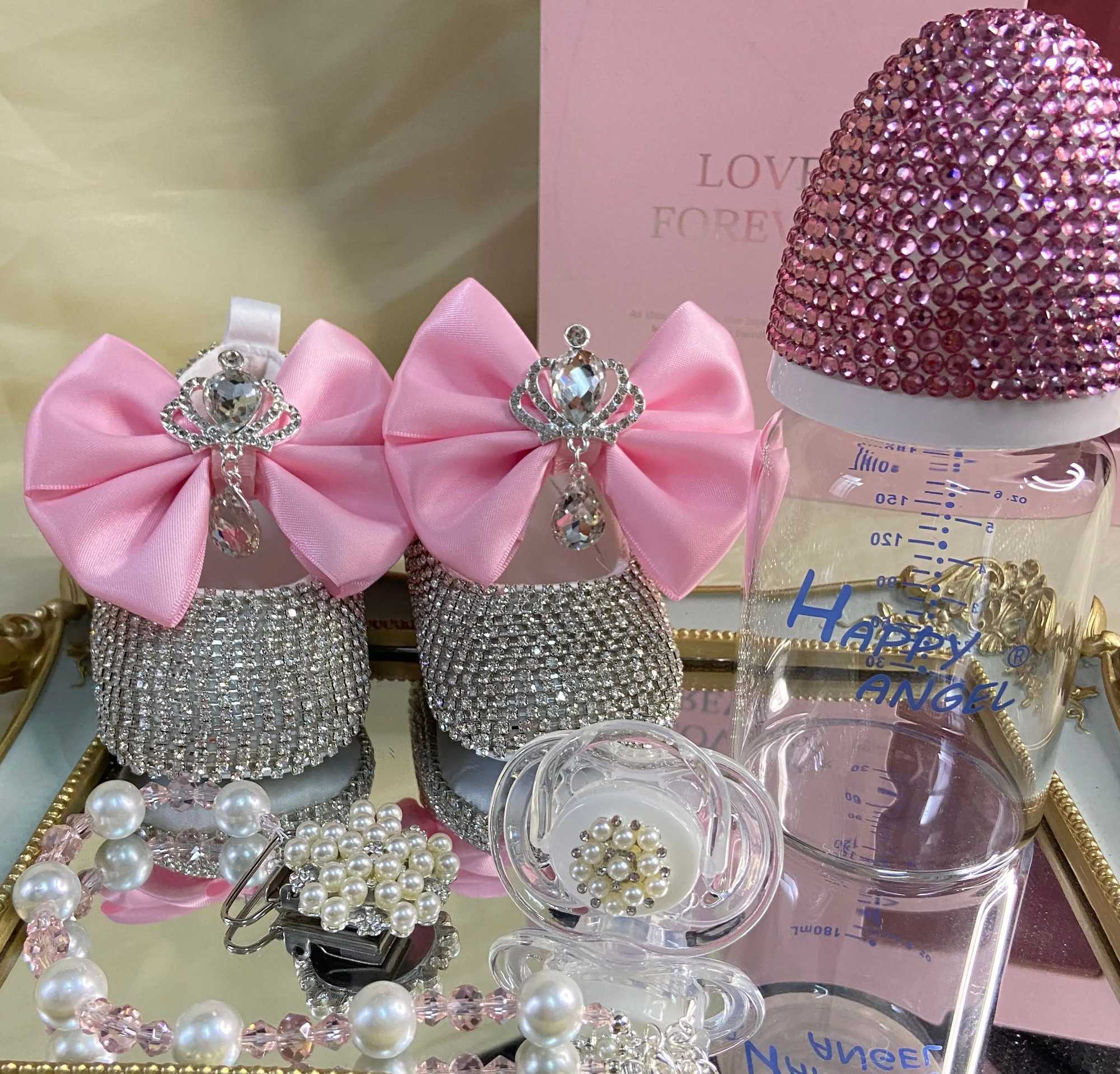 Dollbling Luxury Baby Bottles and Shoes Headband Set Keepsake Diamond Tutu Outfit Red Bottom Little Girl Baptism Shoes X250129