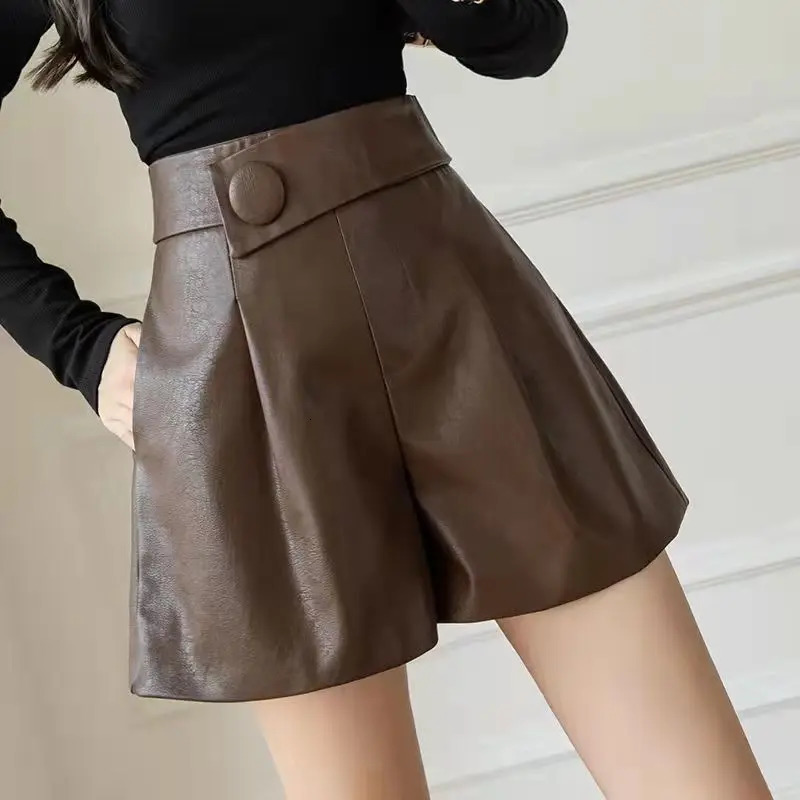 Korean Loose Patchwork Solid Color Leather Shorts Autumn Winter Womens Clothing High Waist All-match Simplicity Pockets Pants 250118