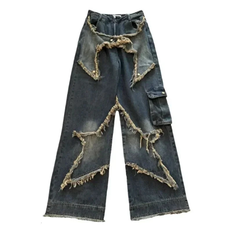 women star stitching tassel pants American retro high street jeans loose wide leg trendy punk y2k 250115
