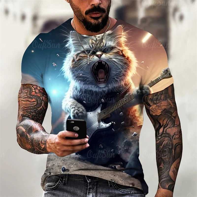 Trend Rock Guitar Cat Graphics T Shirts Summer Fashion Short Sleeve Cool 3D Animals Printed Mens T-shirts Casual Streetwear TeesXJ250117