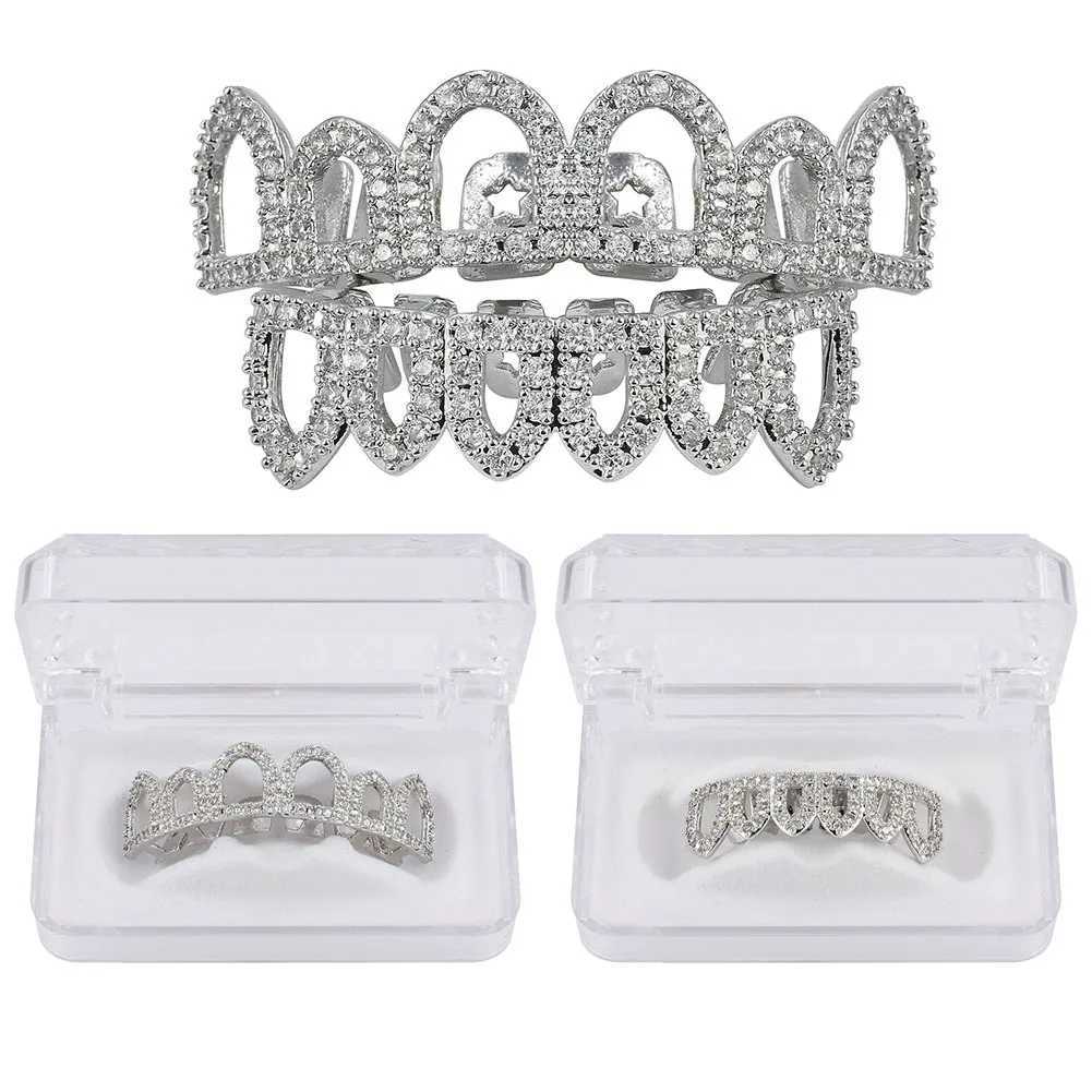 Hollow Teeth Grillz Set For Unisex Top Bottom Iced Out Cubic Zirconia Stone Brass Material Hip Hop Cosply Jewelry For ManXJ250114