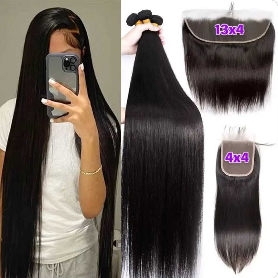 12A 30 32 Inch Straight Human Hair Bundles With 13x4 Frontal 100% Raw Indian Hair 4x4 Lace Clo Bundle Deal Human Hair WeavesXJ250120